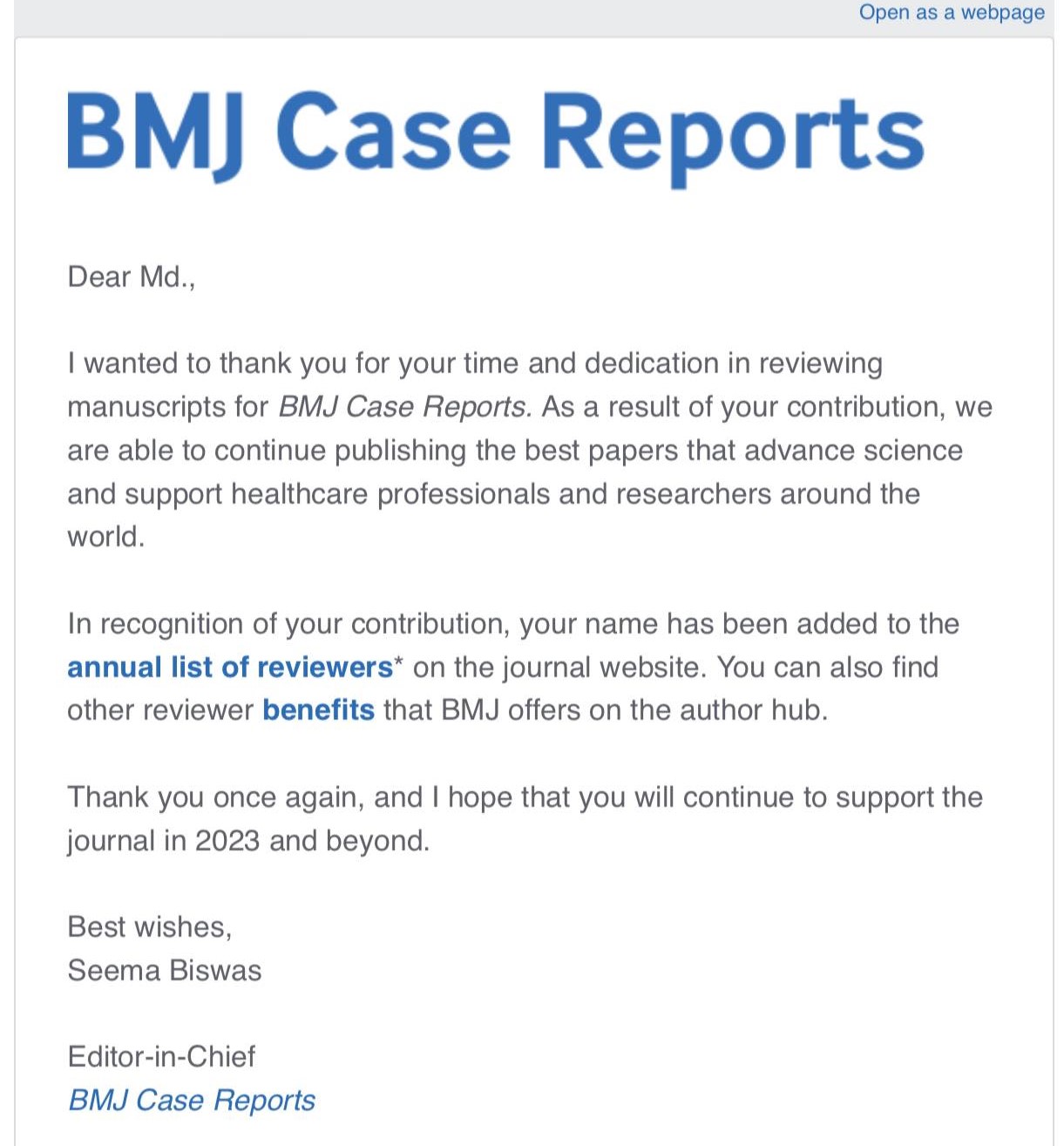 BMJ Case Reports Reviewer Certificate