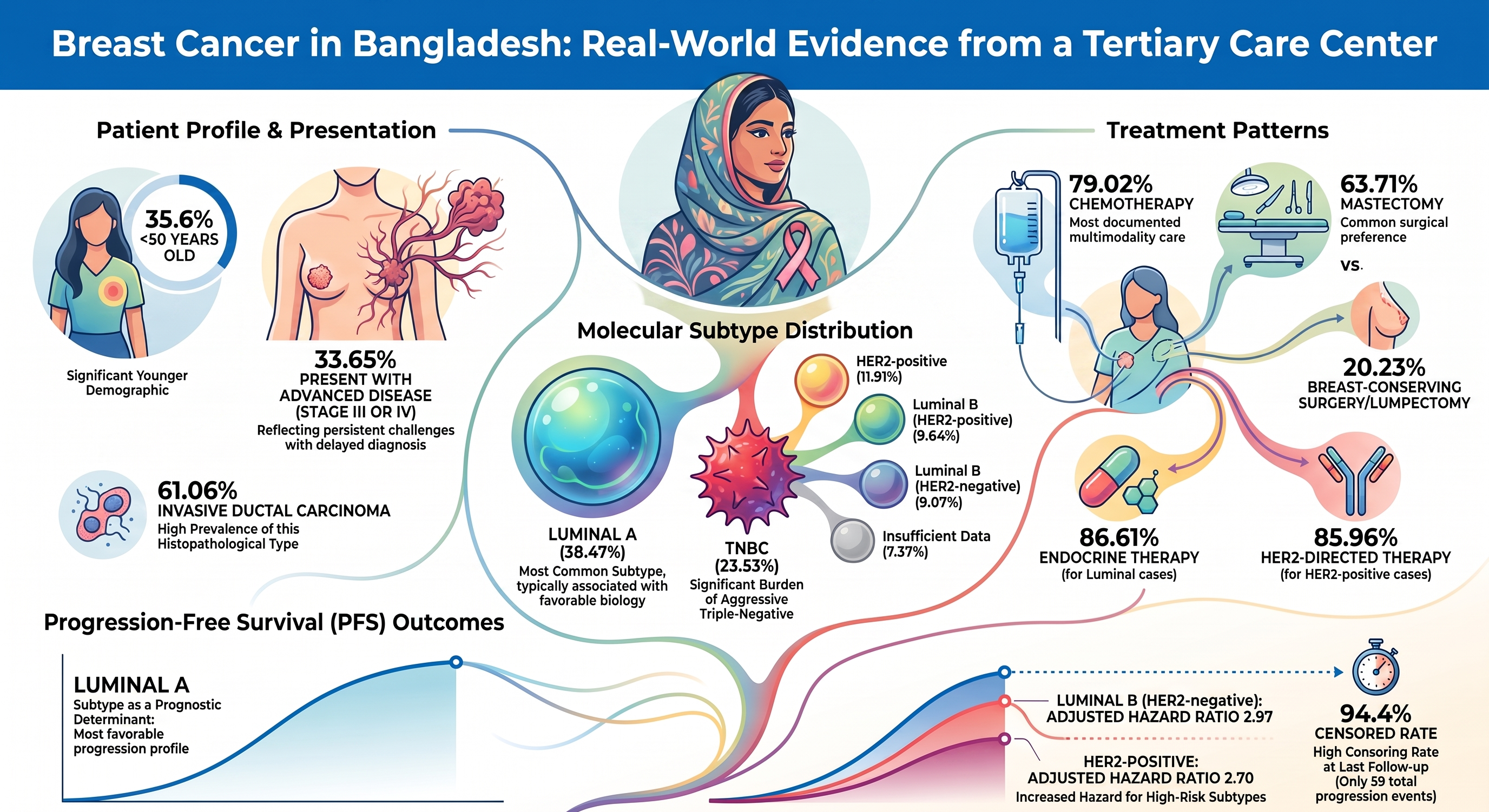 Breast Cancer Presentation, Treatment Patterns, and Progression-Free Survival at a Tertiary Oncology Centre in Bangladesh: A Retrospective Study